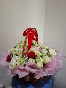 white & red rose gift basket