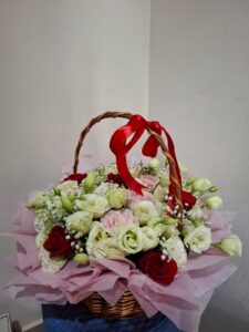 white & red rose gift basket
