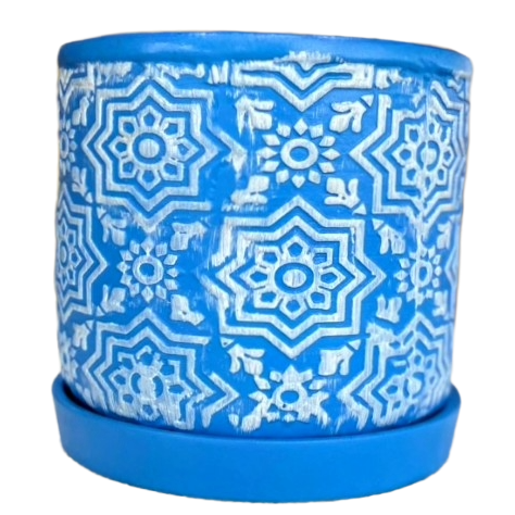 Blue Design Pot With Plate 6" x 5.5"